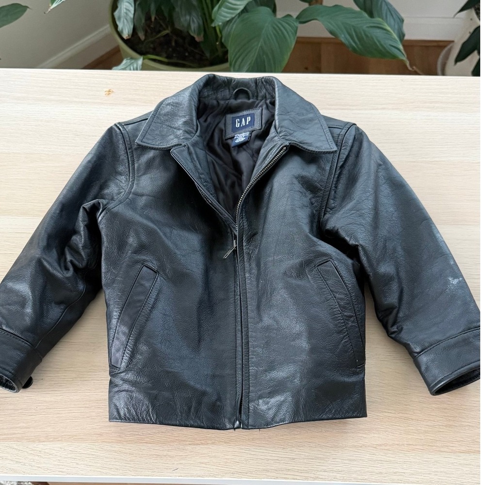 GAP Kids Black Genuine Leather Bomber Moto Jacket Size XS Full Zip Collared